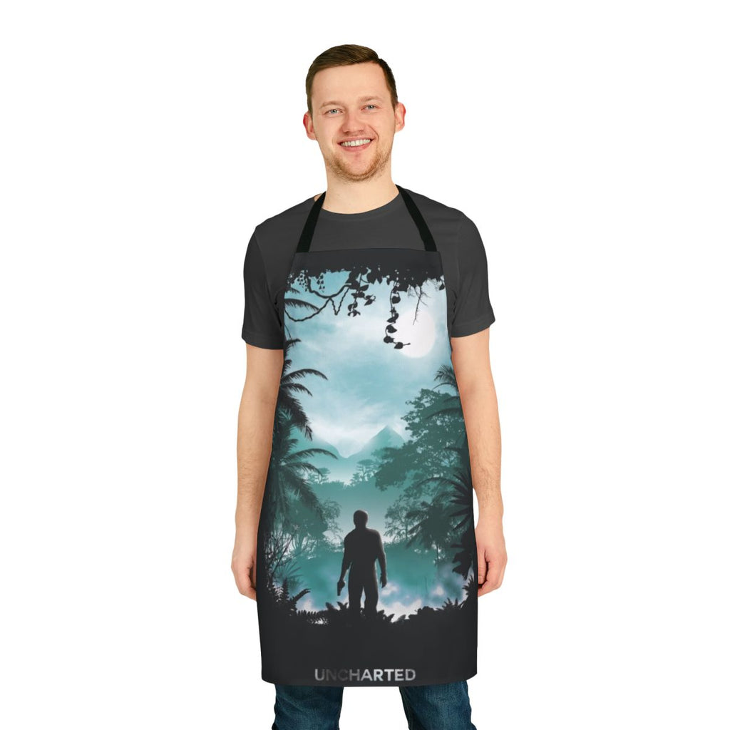 Uncharted-inspired apron featuring the iconic "Uncharted" logo and imagery from the popular video game series