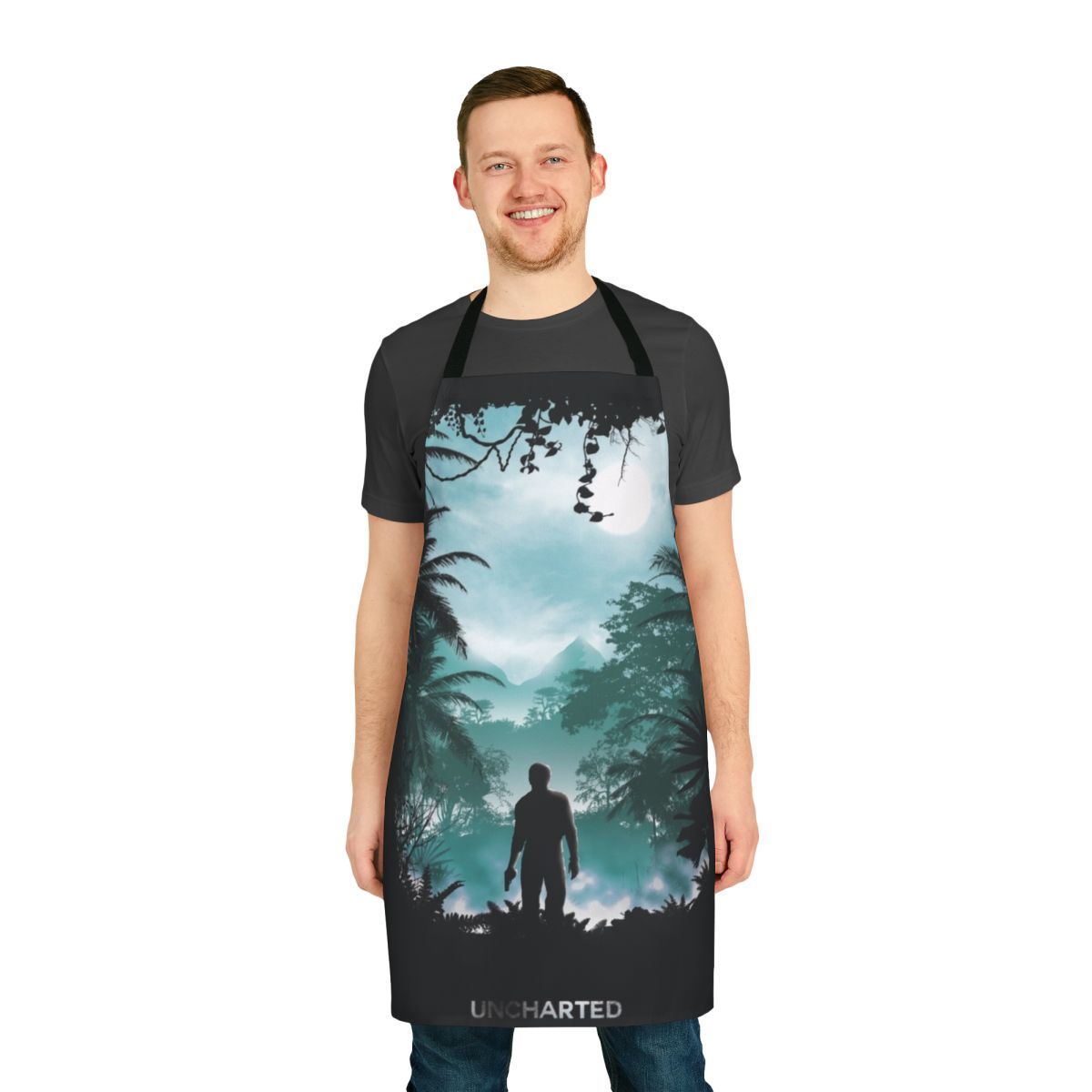 Uncharted-inspired apron featuring the iconic "Uncharted" logo and imagery from the popular video game series