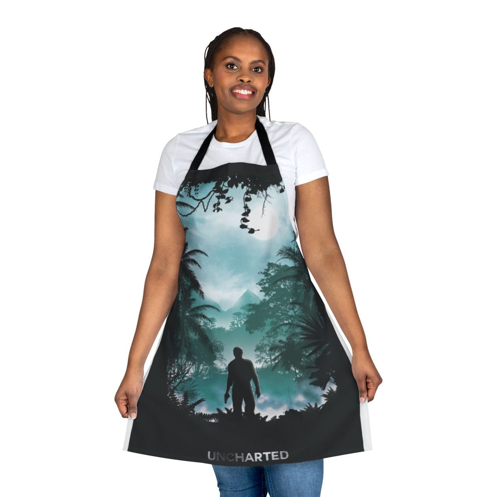 Uncharted-inspired apron featuring the iconic "Uncharted" logo and imagery from the popular video game series