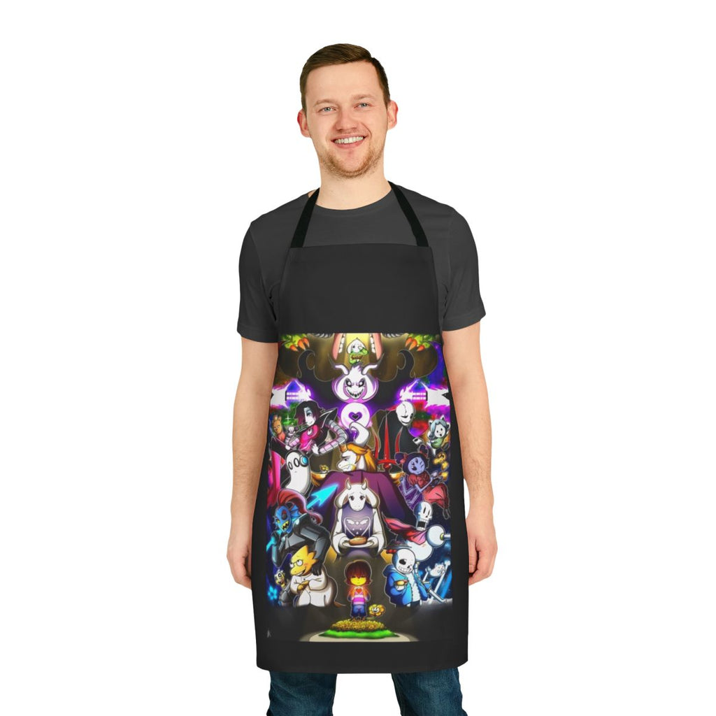 Vibrant Undertale-themed apron with characters like Frisk, Flowey, and Sans