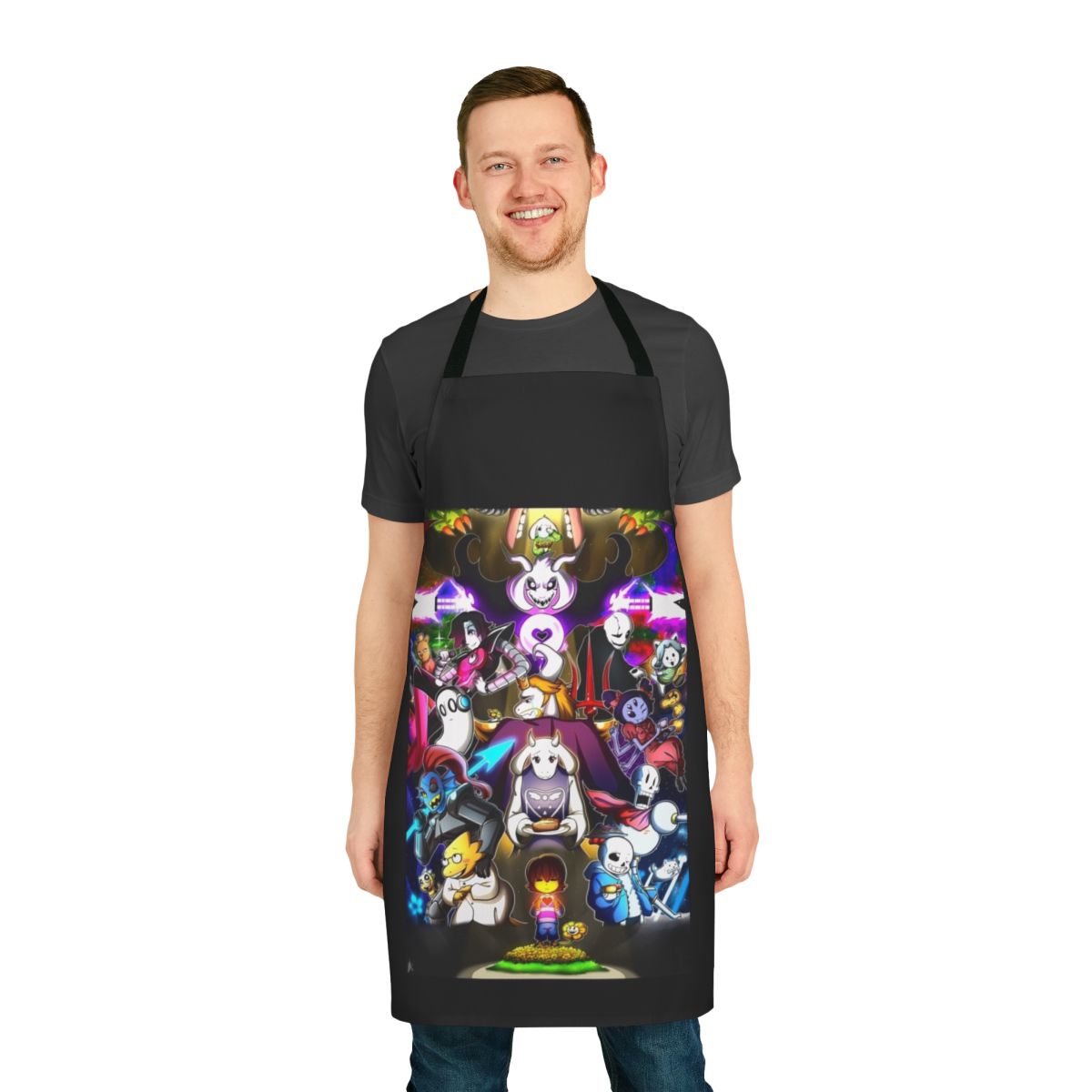 Vibrant Undertale-themed apron with characters like Frisk, Flowey, and Sans