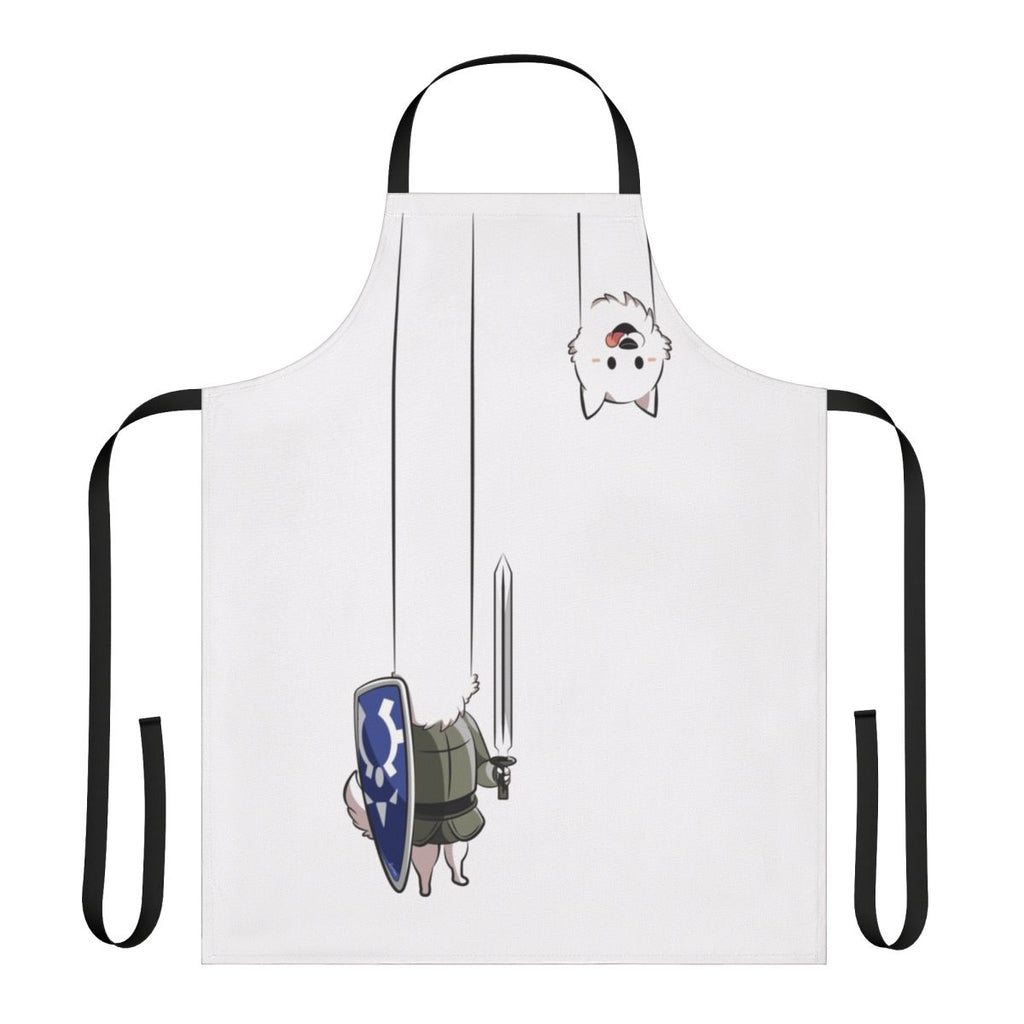 An apron featuring the popular Undertale character, the Lesser Dog, with a pixelated design.