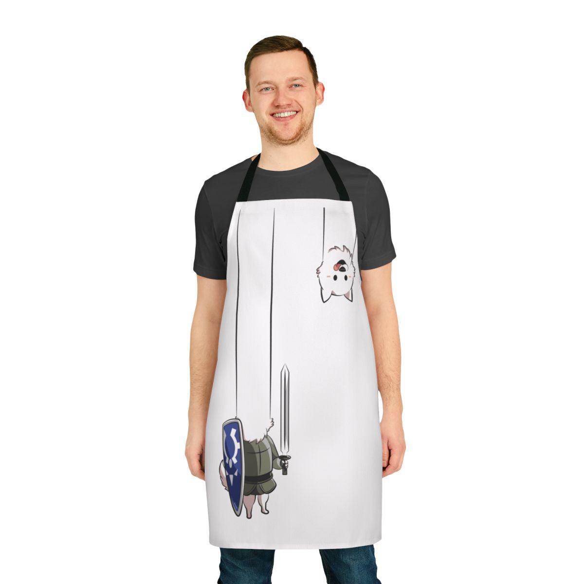 An apron featuring the popular Undertale character, the Lesser Dog, with a pixelated design.
