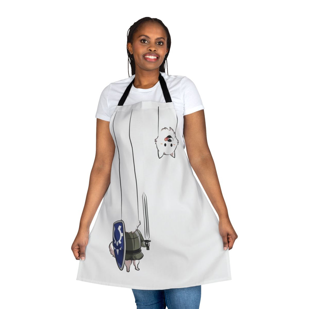 An apron featuring the popular Undertale character, the Lesser Dog, with a pixelated design.