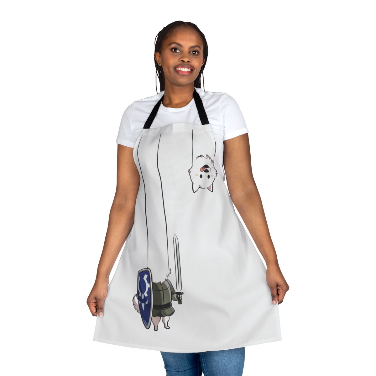 An apron featuring the popular Undertale character, the Lesser Dog, with a pixelated design.