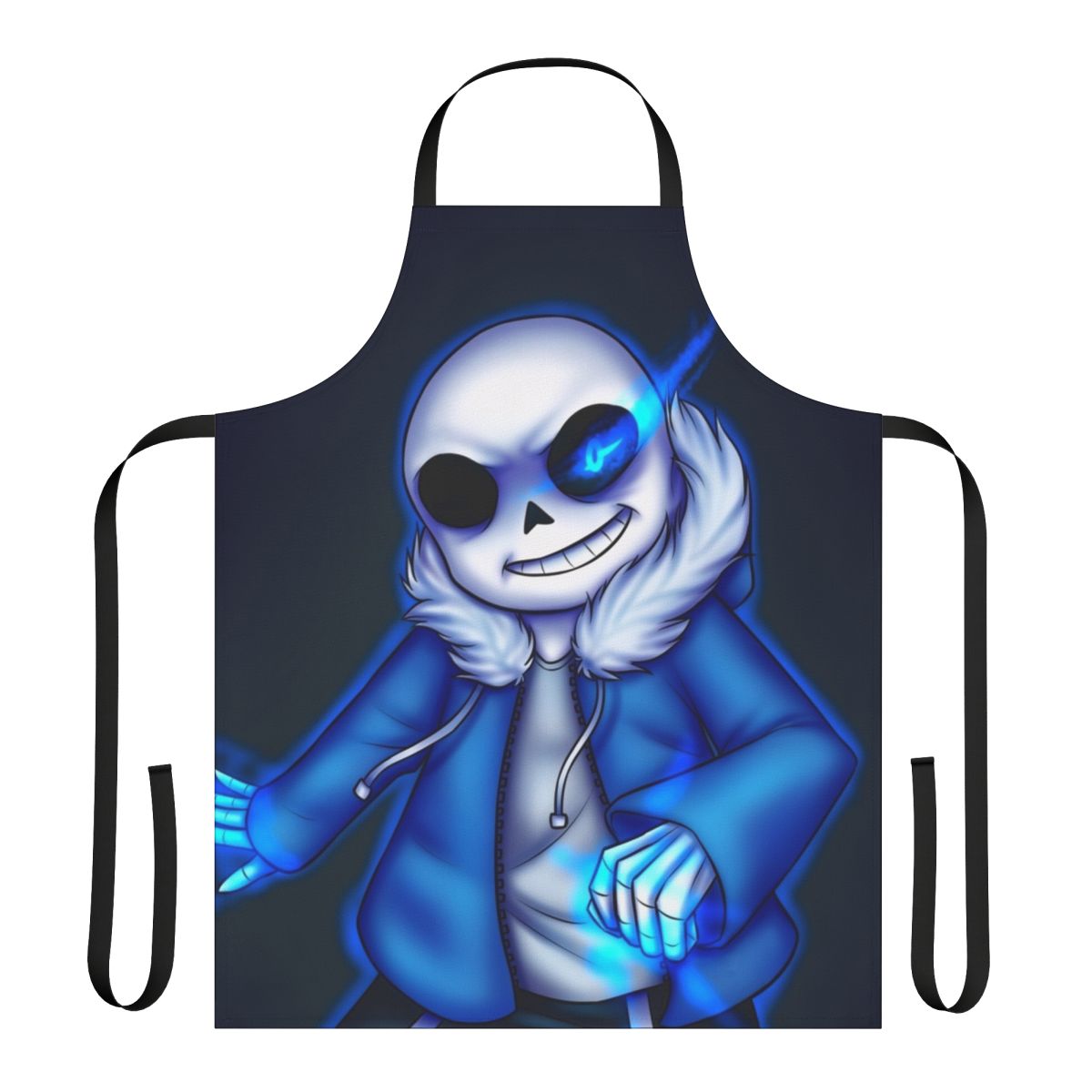 Undertale-inspired apron featuring the character Sans the skeleton with a glowing blue eye