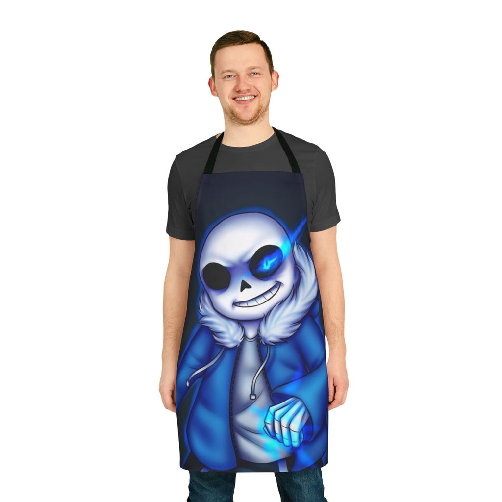Undertale-inspired apron featuring the character Sans the skeleton with a glowing blue eye