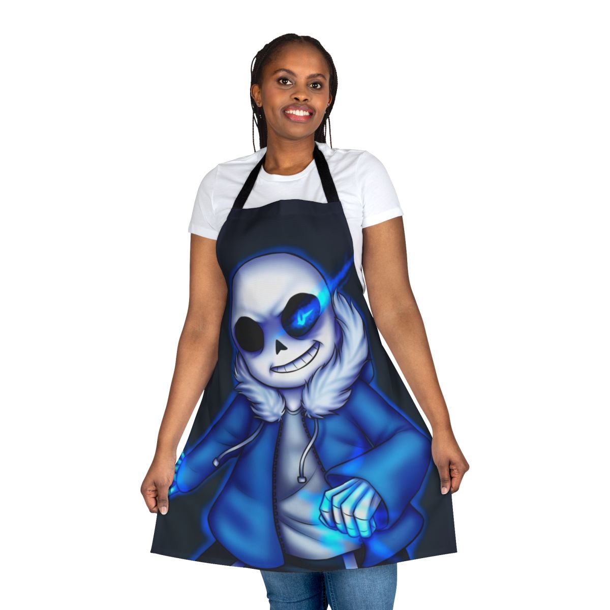 Undertale-inspired apron featuring the character Sans the skeleton with a glowing blue eye