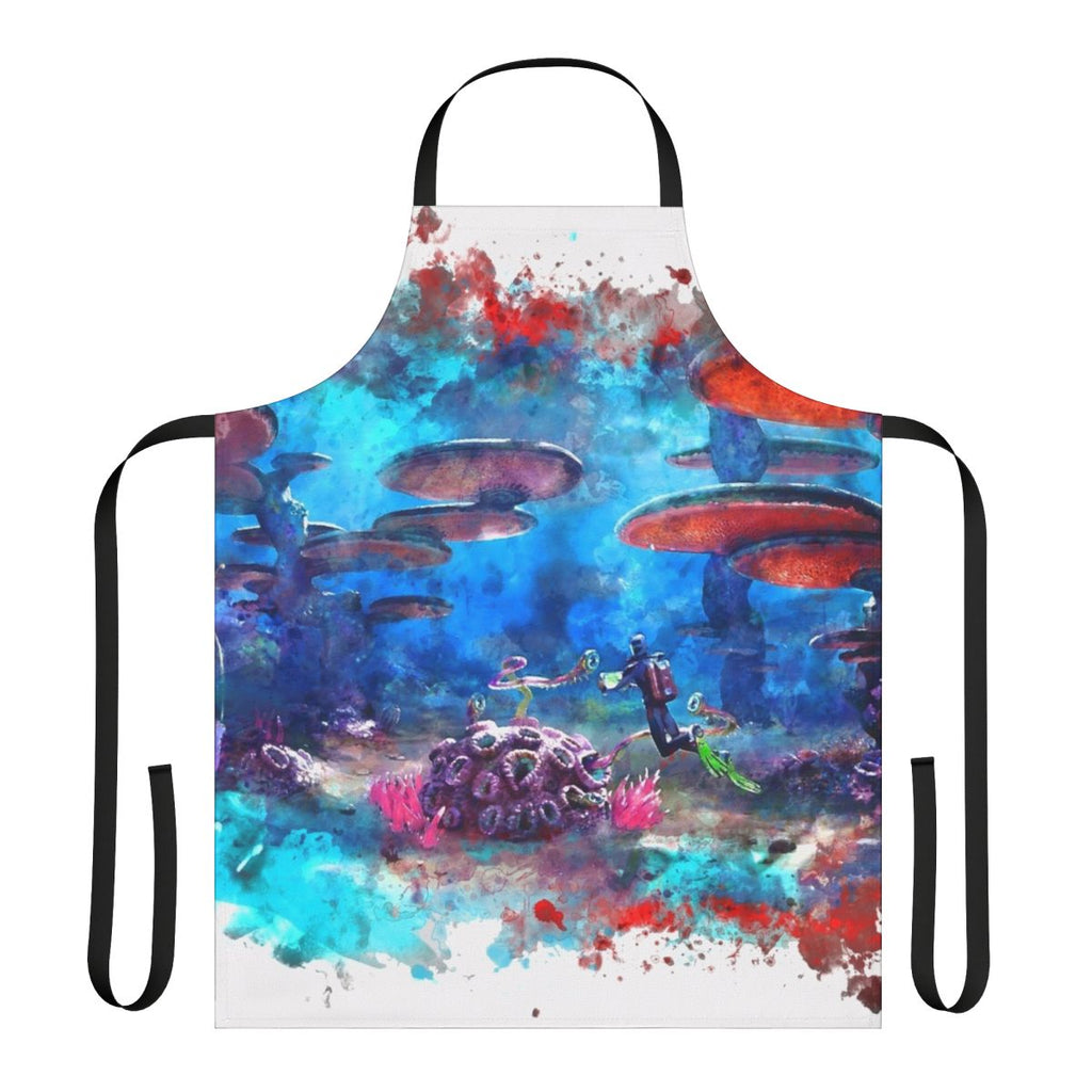 Vibrant blue and white apron with Subnautica-inspired ocean and marine life design