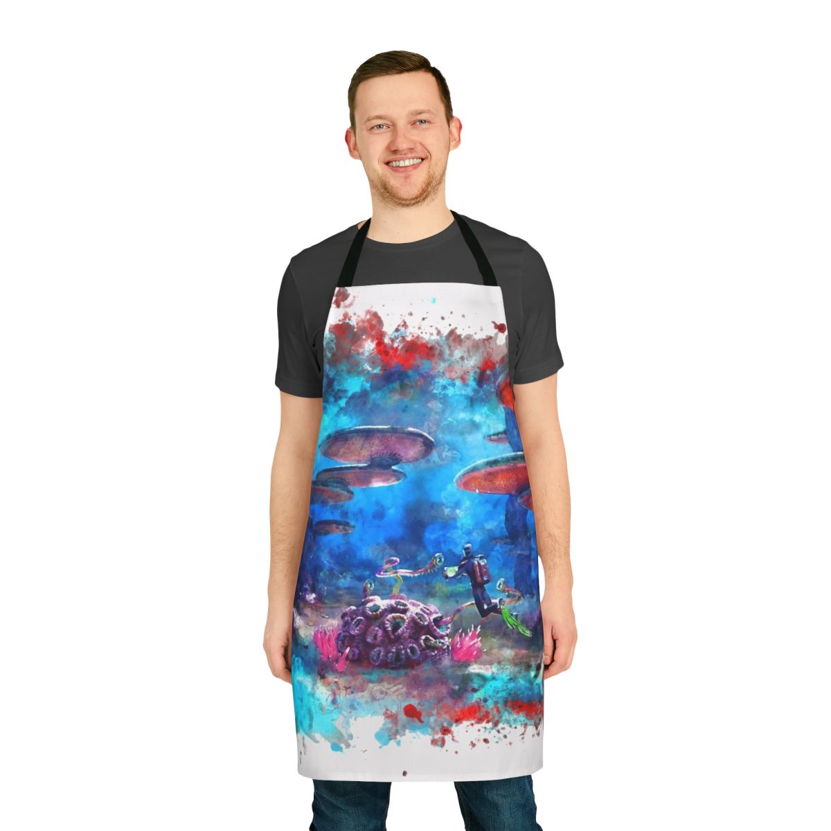 Vibrant blue and white apron with Subnautica-inspired ocean and marine life design