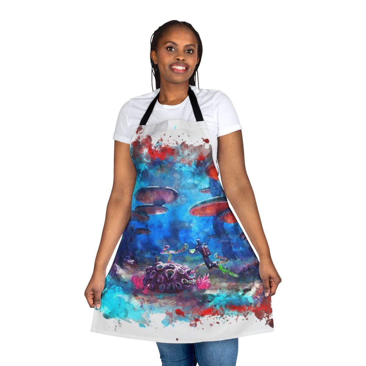 Vibrant blue and white apron with Subnautica-inspired ocean and marine life design
