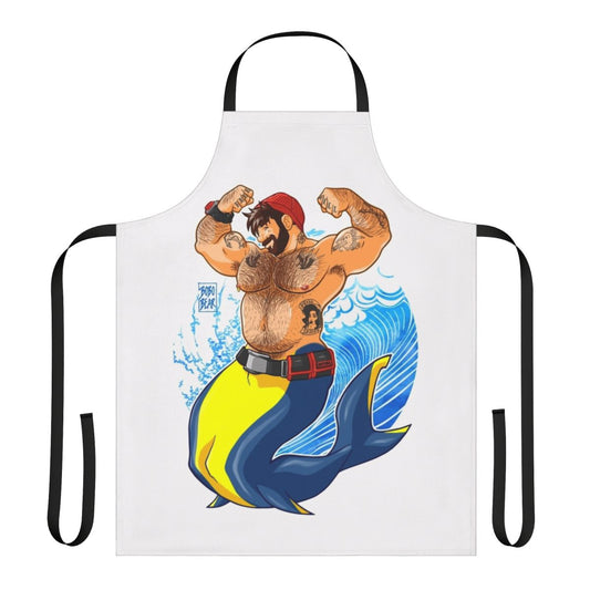 A colorful apron featuring a gay bear character scuba diving underwater