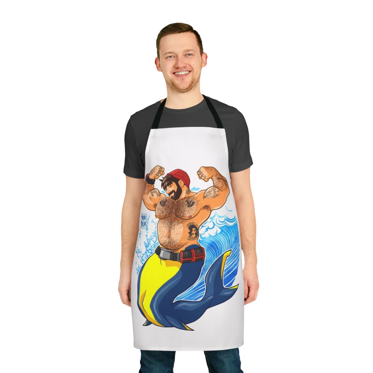A colorful apron featuring a gay bear character scuba diving underwater