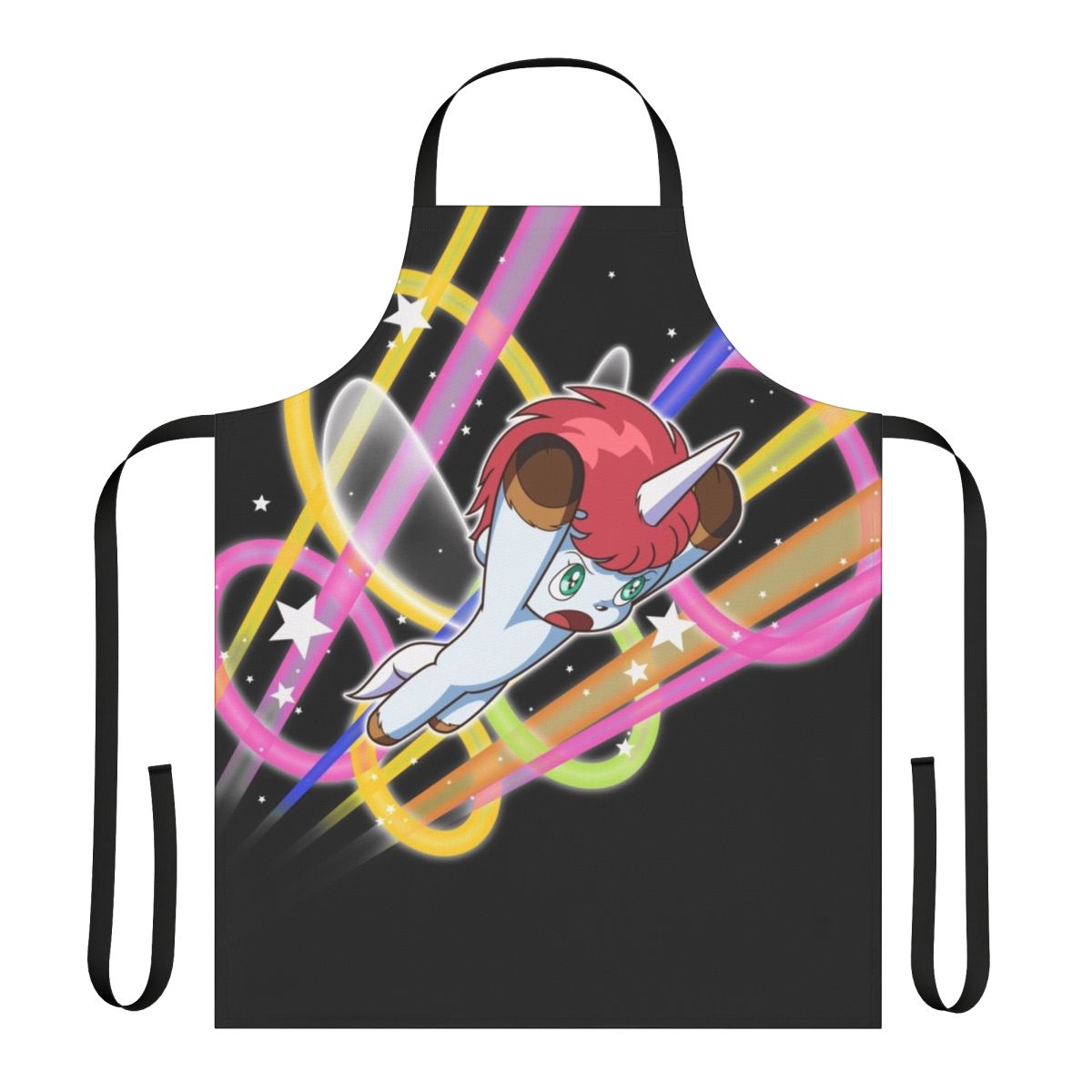 Unicorn-themed apron with pink and white colors, sparkling accents, and a flying pegasus design