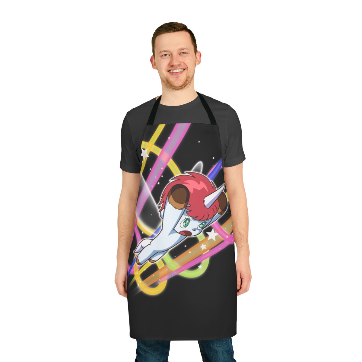 Unicorn-themed apron with pink and white colors, sparkling accents, and a flying pegasus design