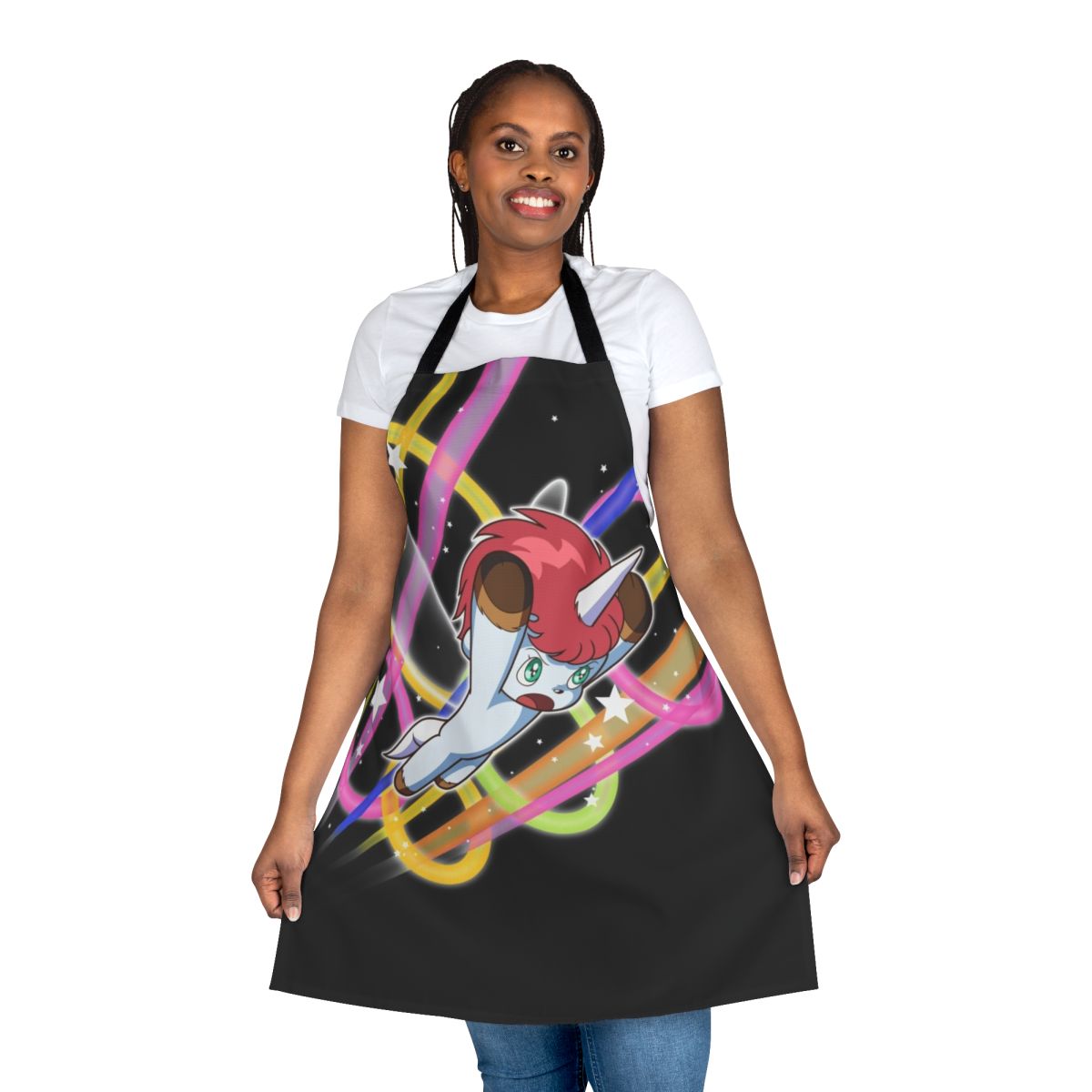 Unicorn-themed apron with pink and white colors, sparkling accents, and a flying pegasus design