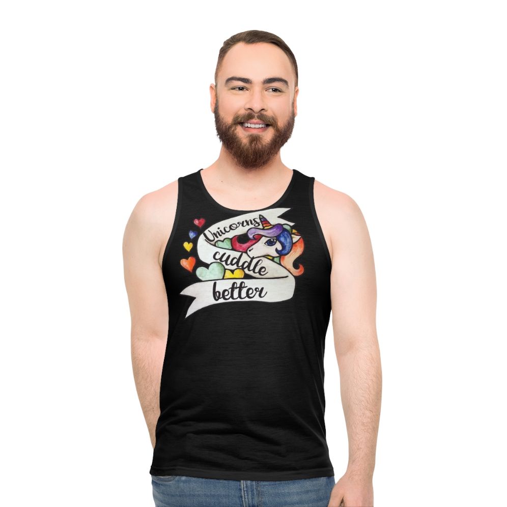 Unicorn lover unisex tank top with a playful mythical creature design