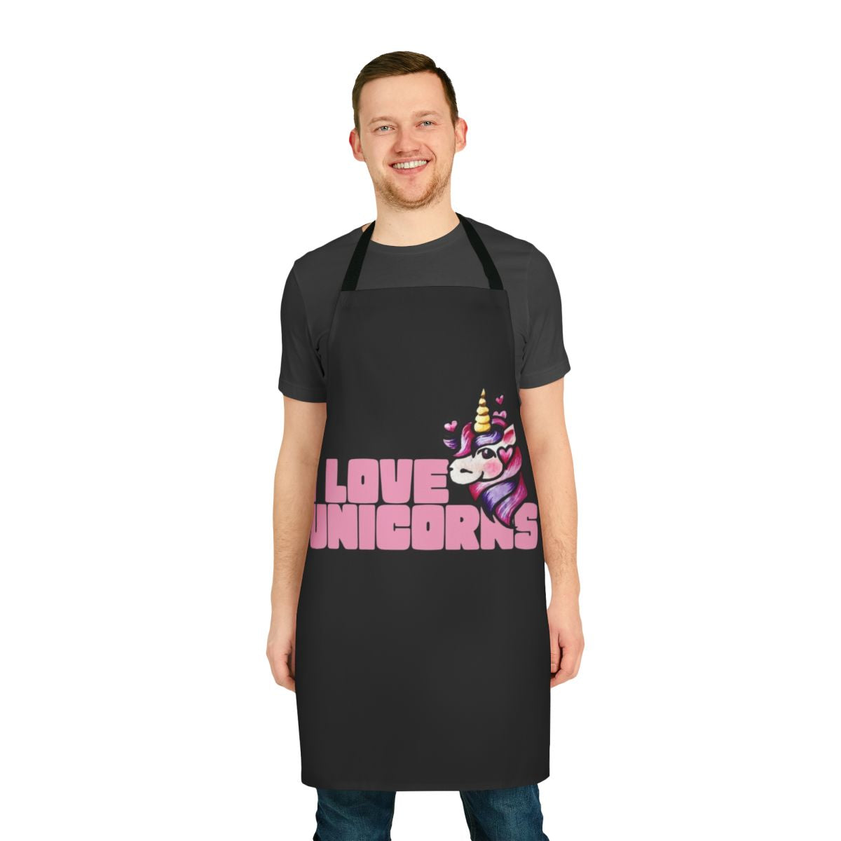 Vibrant unicorn-themed apron with retro hearts and stars pattern