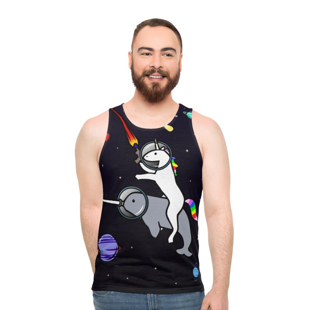 Unicorn riding a narwhal in space
