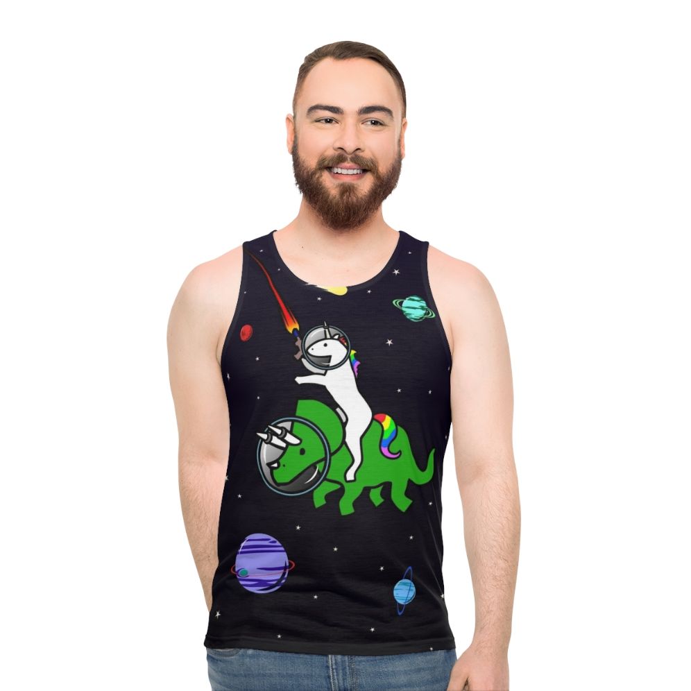 Unicorn riding triceratops in space unisex tank top
