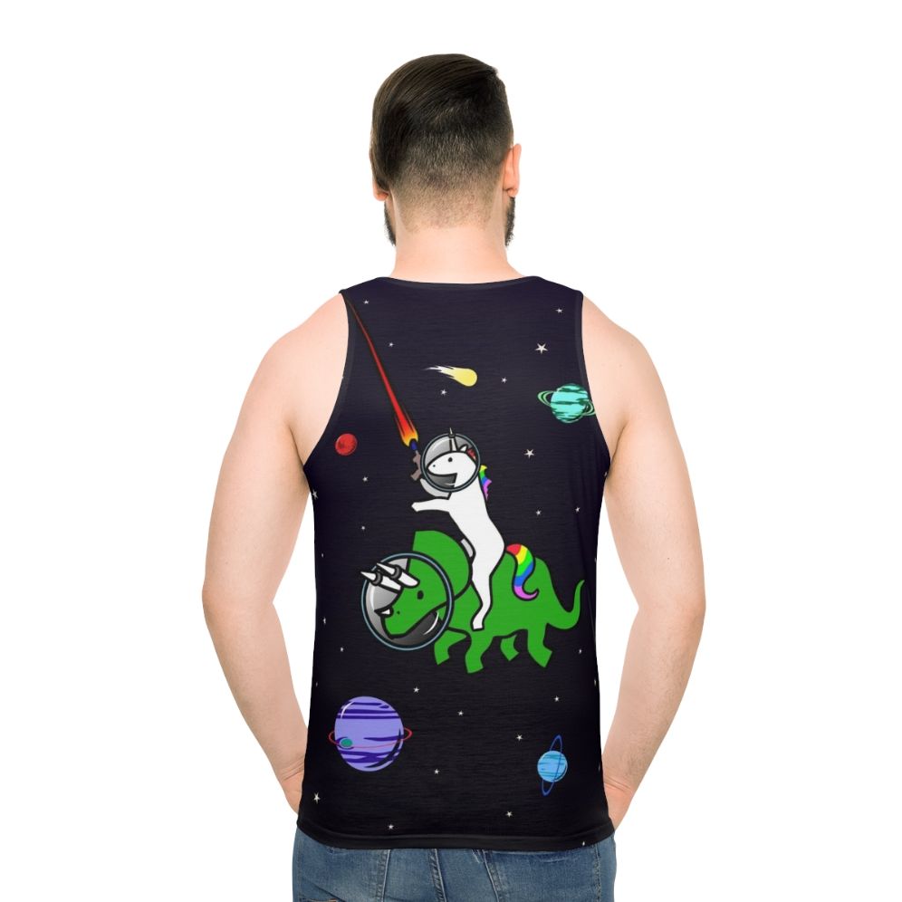Unicorn riding triceratops in space unisex tank top