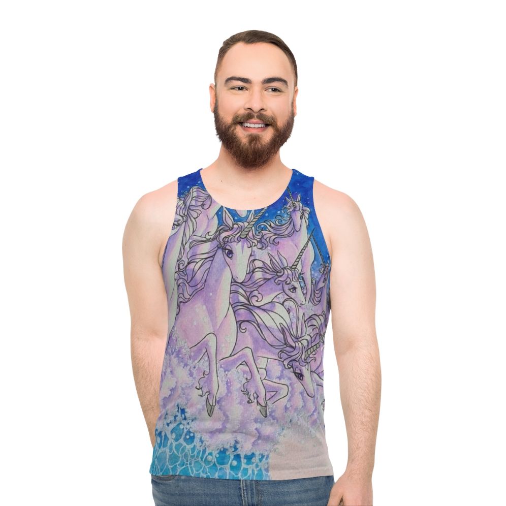 Unisex unicorn tank top with watercolor sea and fantasy design