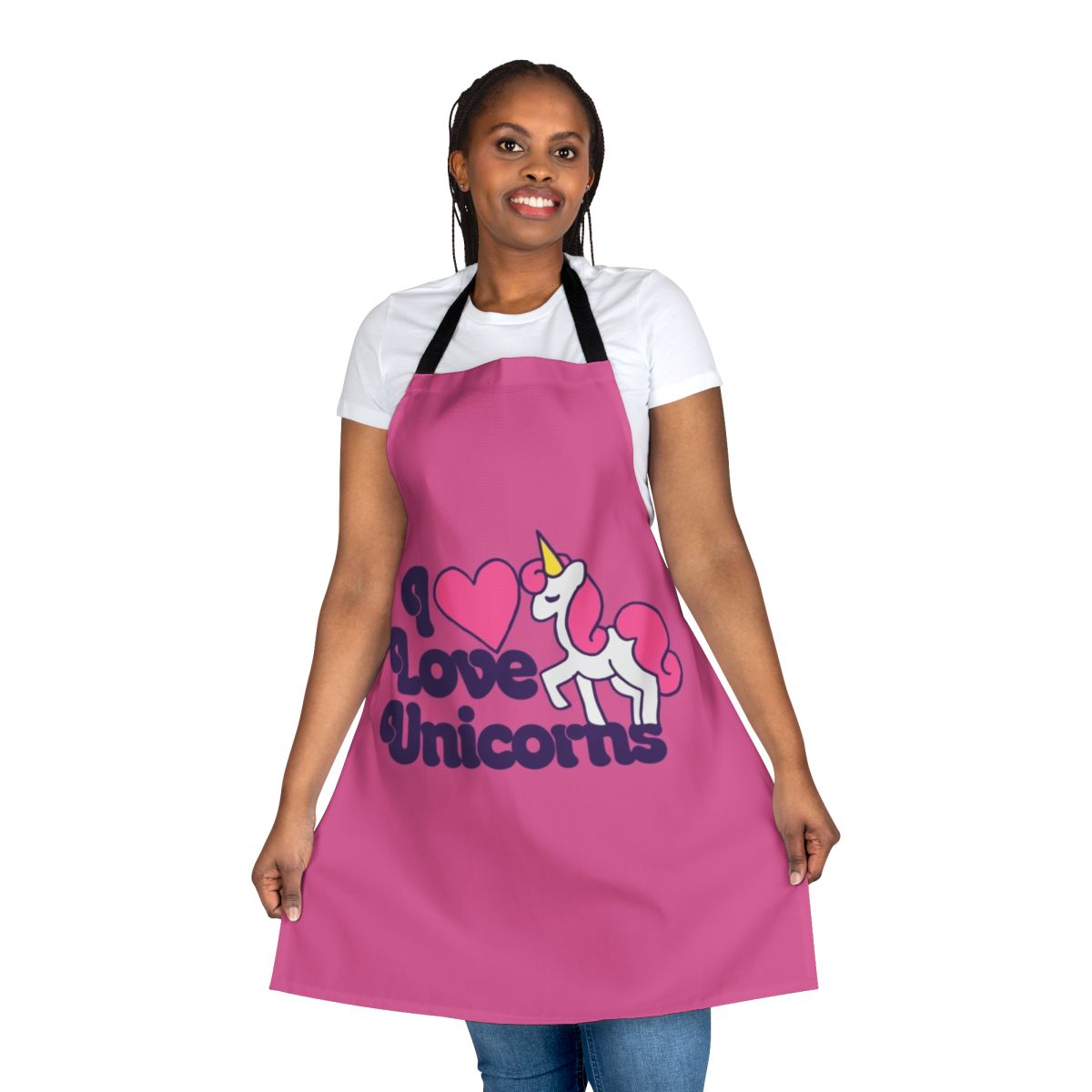 Vibrant unicorn-themed apron with a retro, whimsical design