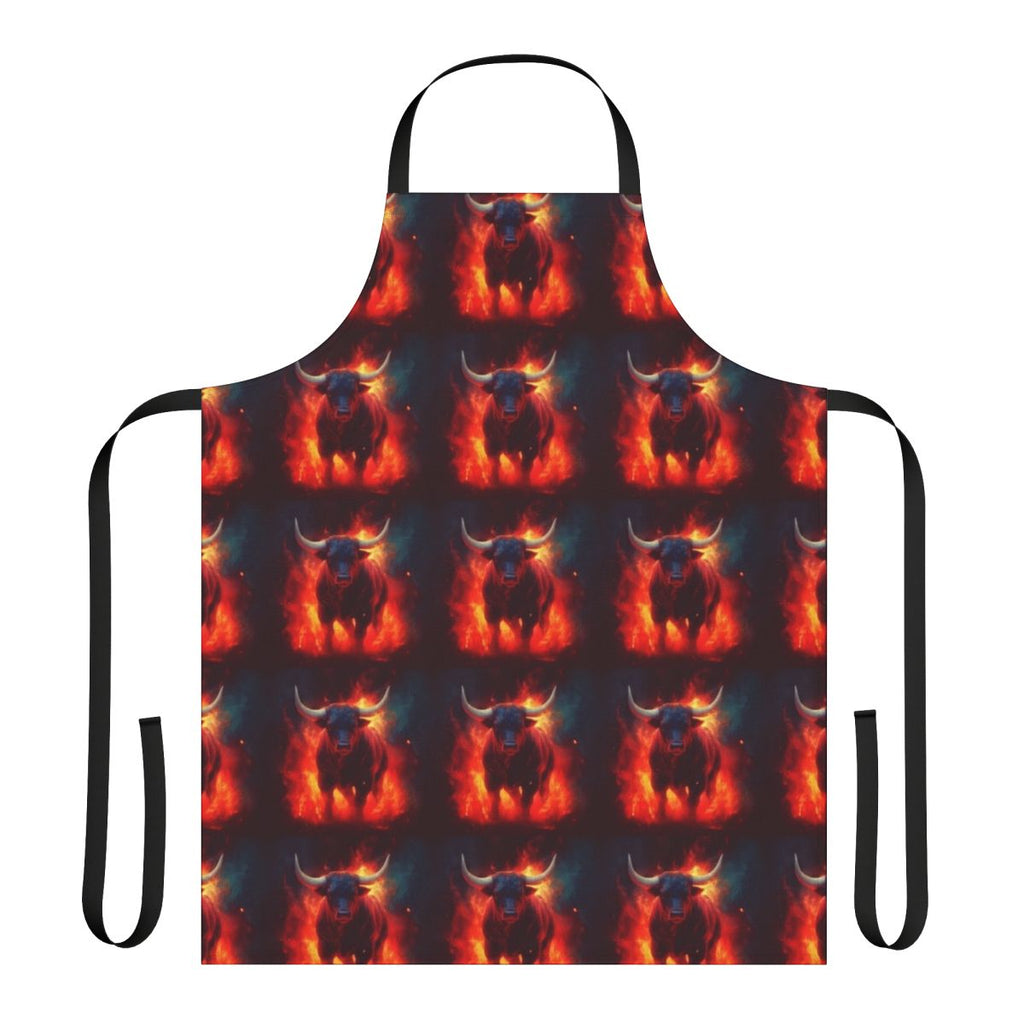 A red and blue apron featuring a fantasy artwork of a unicorn in waves