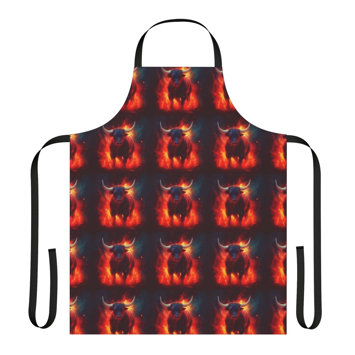 A red and blue apron featuring a fantasy artwork of a unicorn in waves
