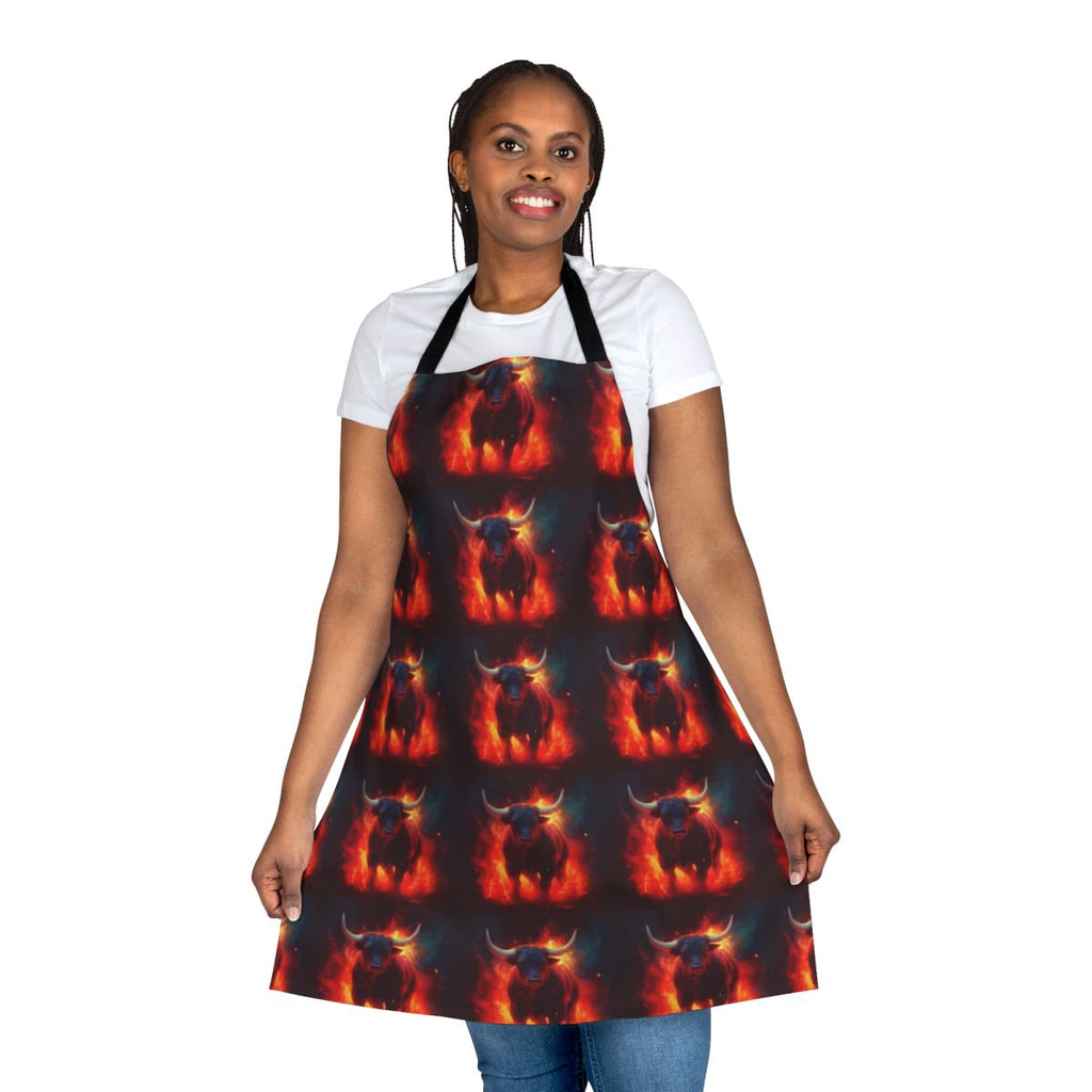 A red and blue apron featuring a fantasy artwork of a unicorn in waves