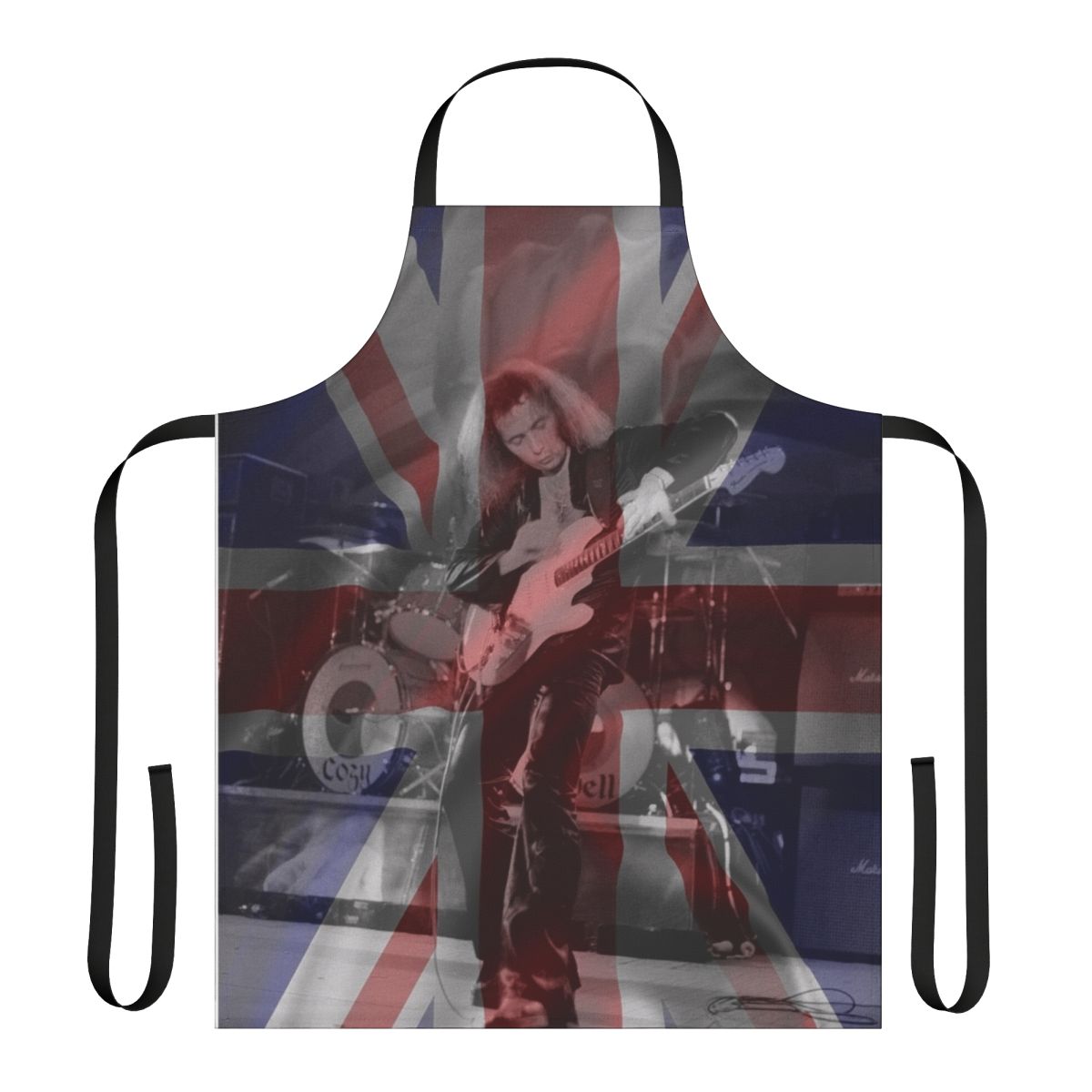 "Union Jack-inspired apron featuring Ritchie Blackmore, the legendary British rock guitarist"