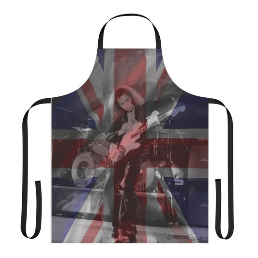 "Union Jack-inspired apron featuring Ritchie Blackmore, the legendary British rock guitarist"