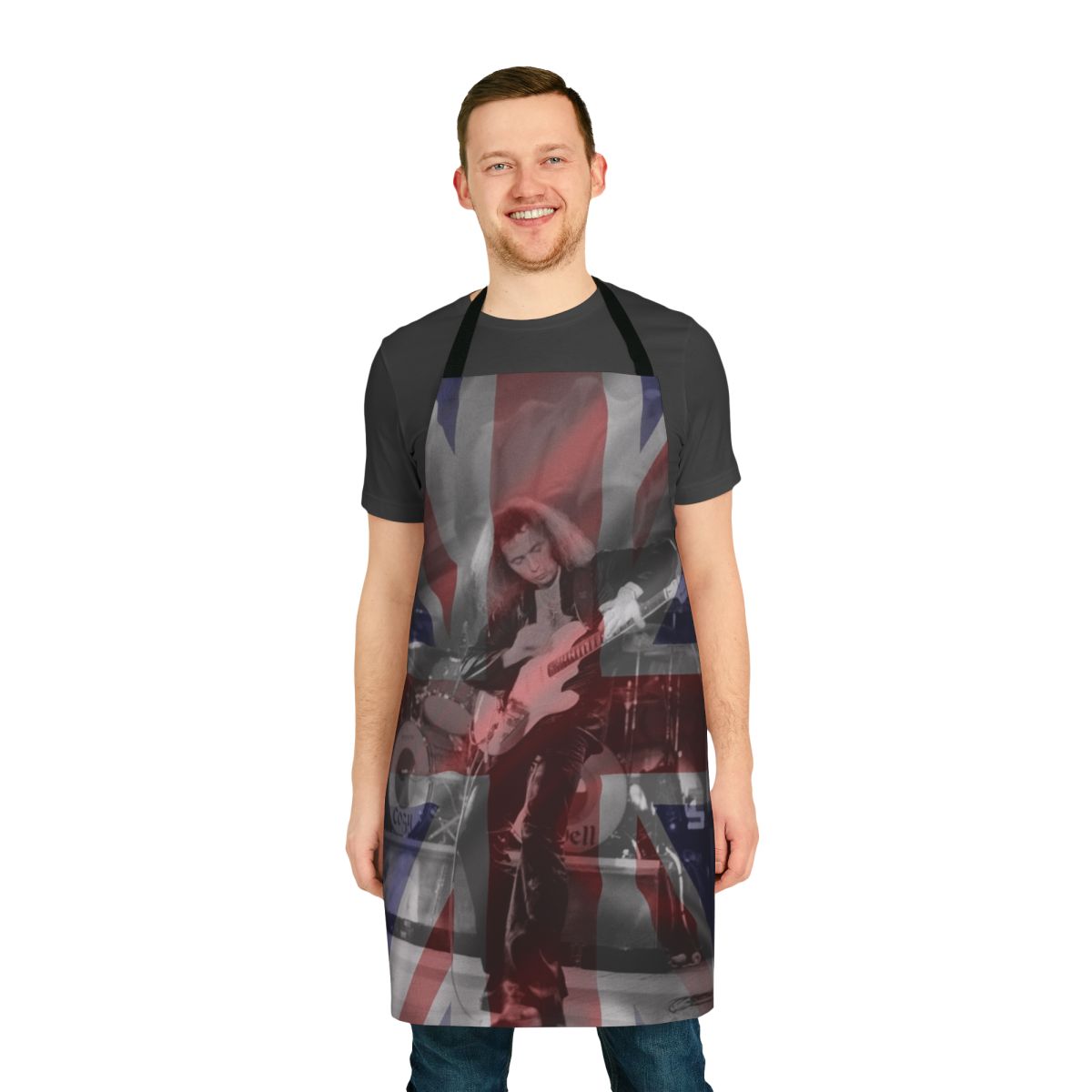 "Union Jack-inspired apron featuring Ritchie Blackmore, the legendary British rock guitarist"