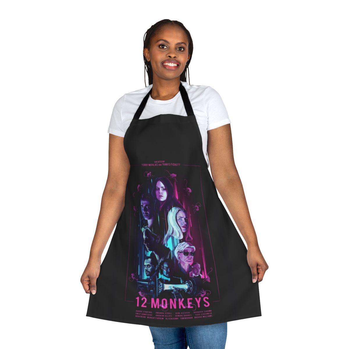 12 Monkeys-inspired apron with characters and show logo