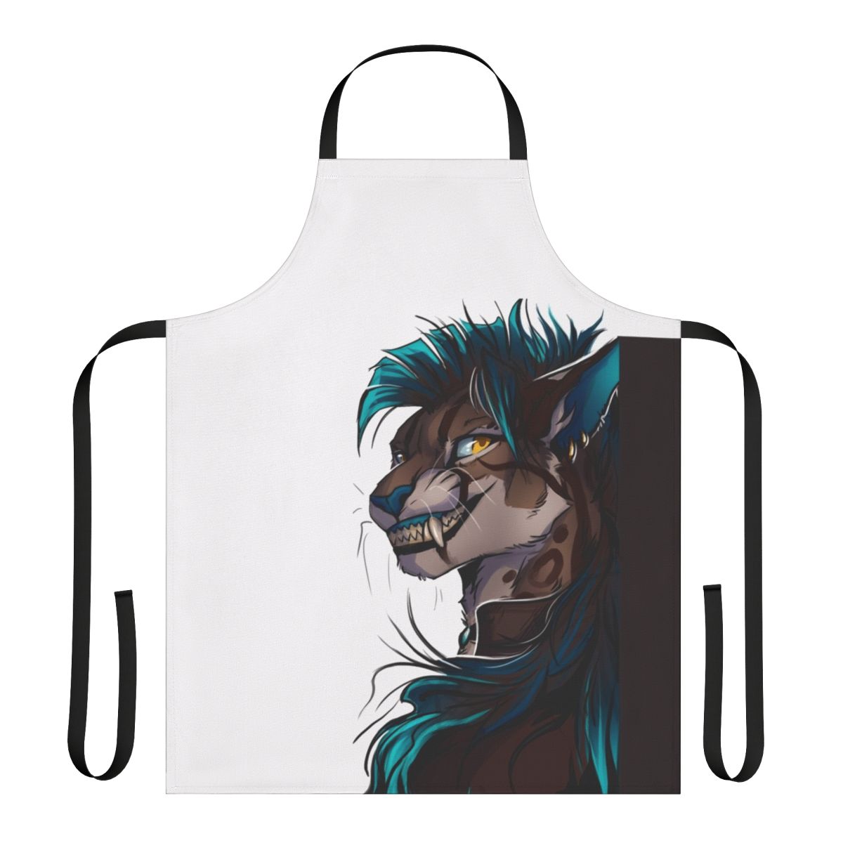 Anthropomorphic caracal cat wearing a blue apron with a creepy smile design