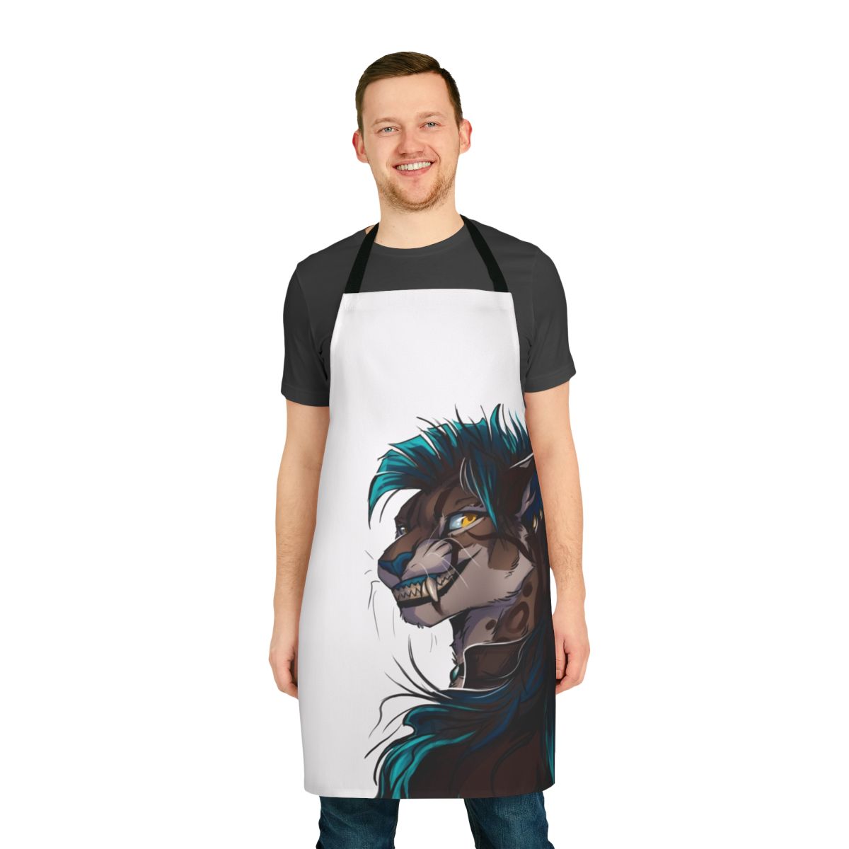 Anthropomorphic caracal cat wearing a blue apron with a creepy smile design