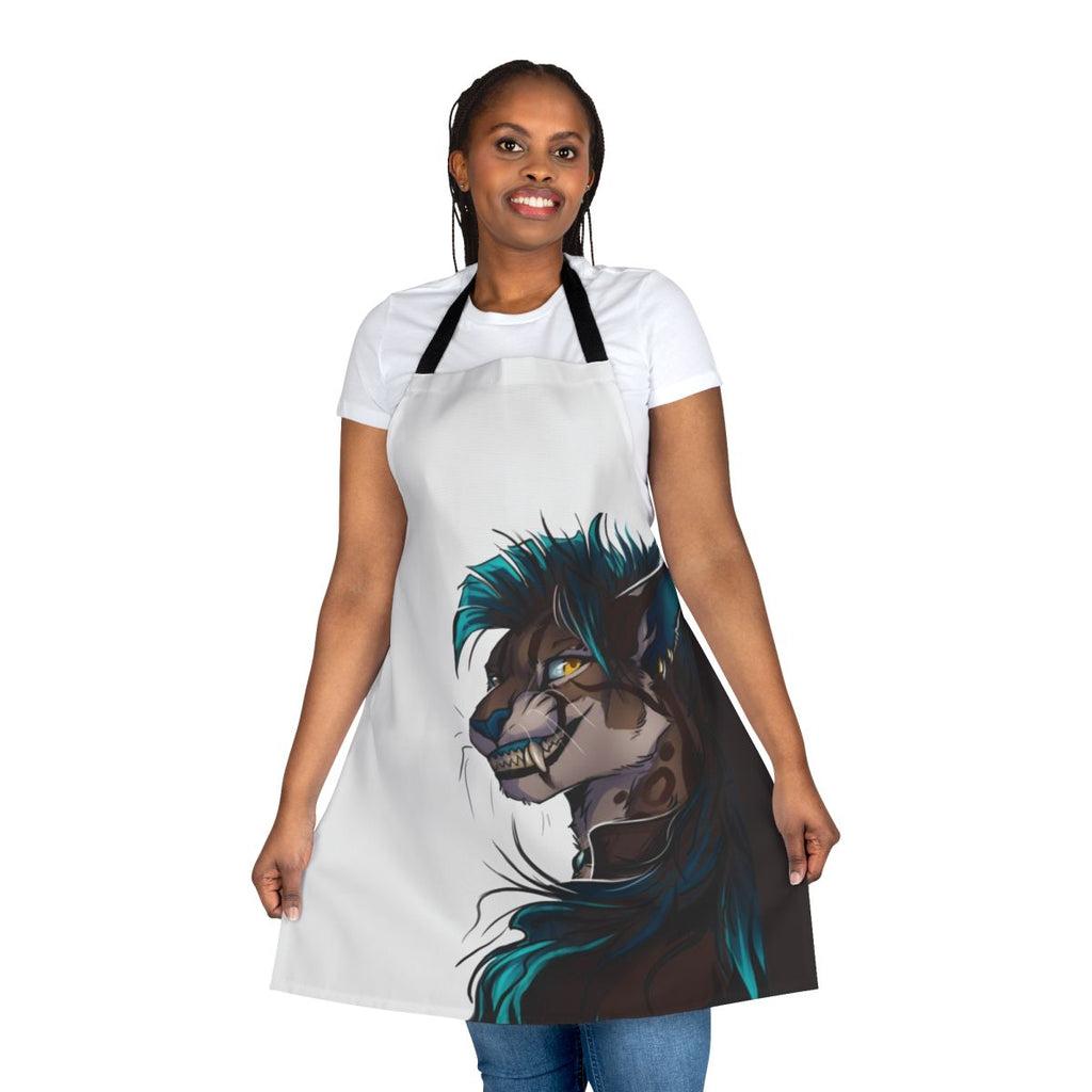 Anthropomorphic caracal cat wearing a blue apron with a creepy smile design
