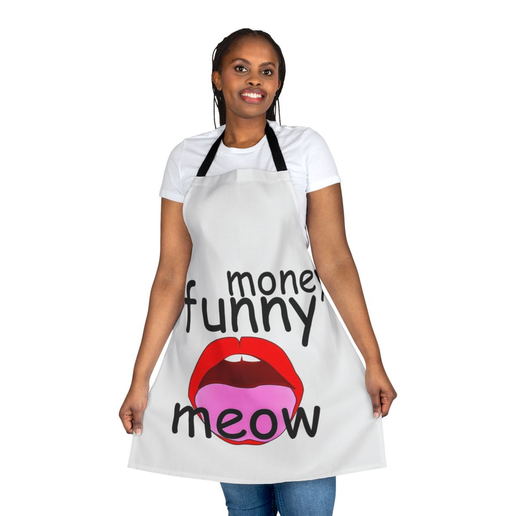 Colorful and humorous apron featuring various designs and patterns