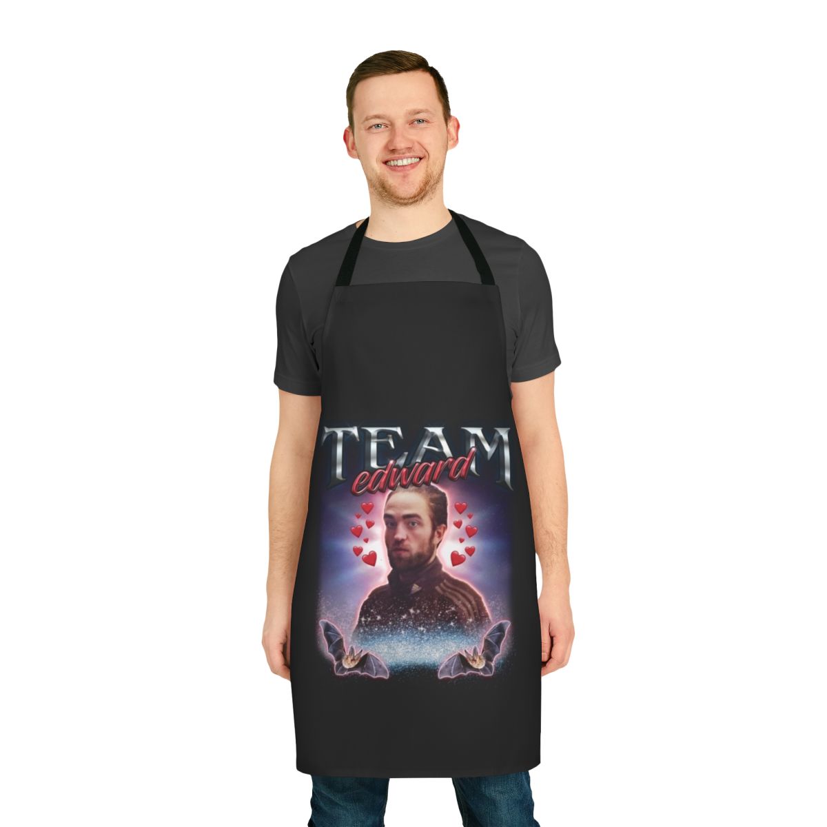 Apron featuring a collage of Team Edward and Twilight-inspired designs, with aviation, military, and cheer elements.