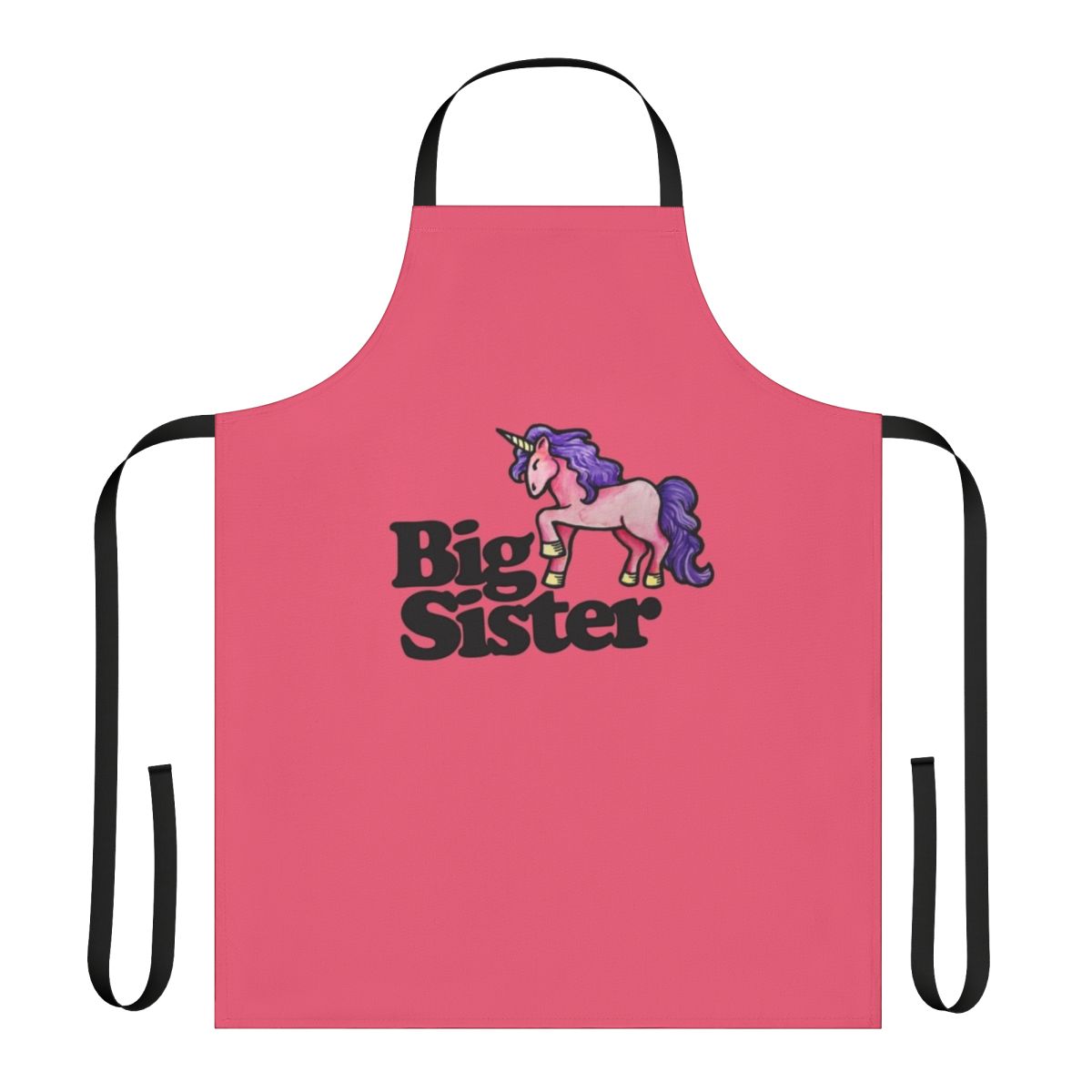 Big sister holding a unicorn apron, a special and personalized gift