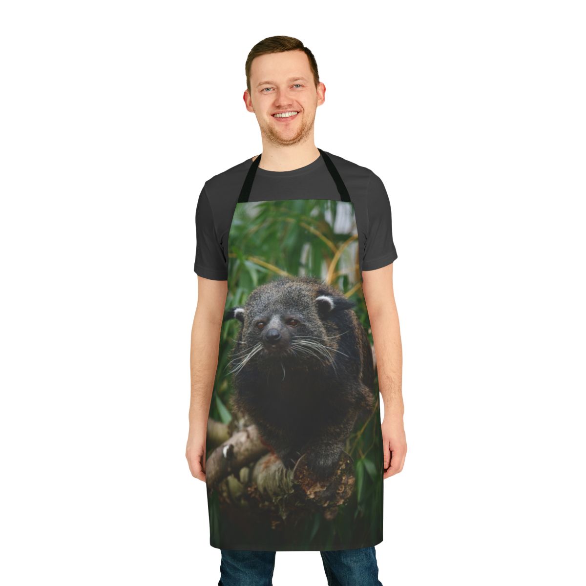 Binturong-themed apron with text "Binturong" and an illustration of the unique, rare binturong animal