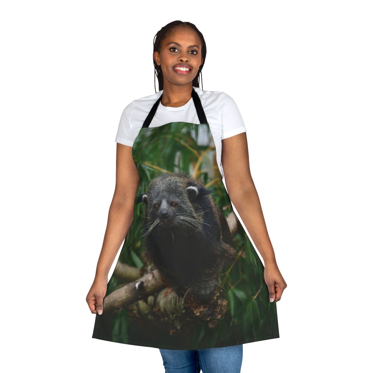 Binturong-themed apron with text "Binturong" and an illustration of the unique, rare binturong animal
