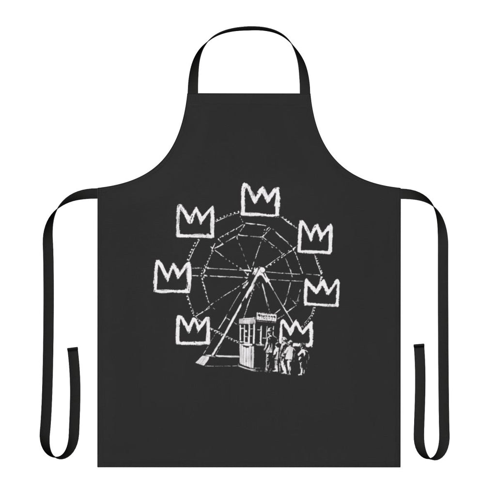 Banksy-inspired apron featuring a black and white wheel design