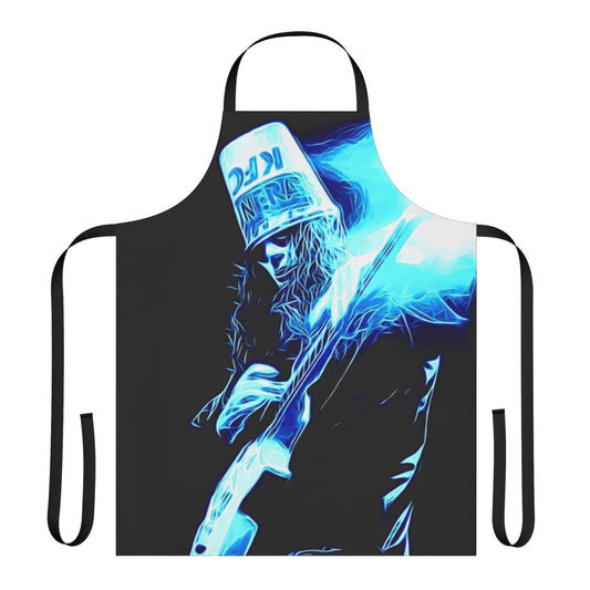 A blue and white apron featuring the iconic Buckethead electric guitar tears design.