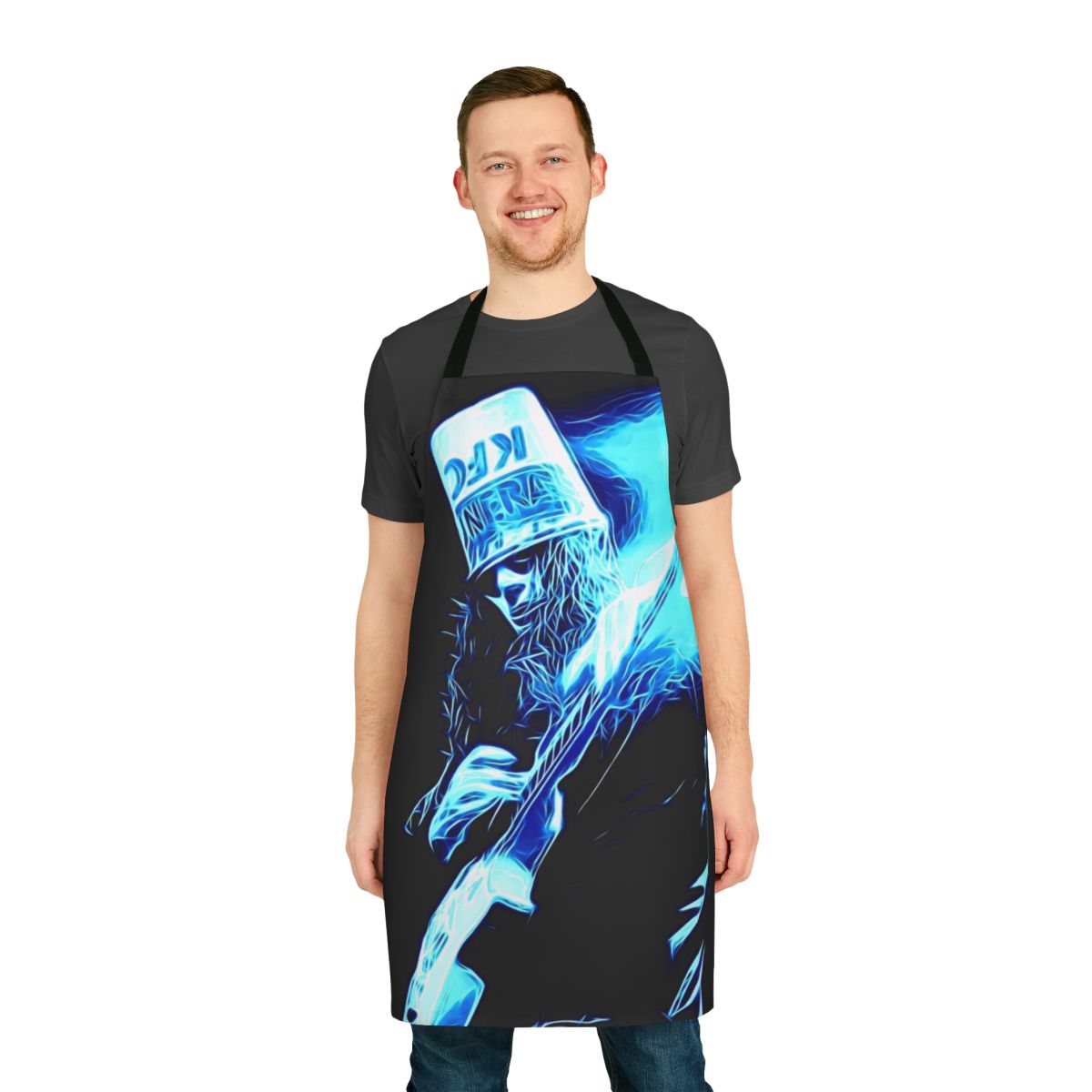 A blue and white apron featuring the iconic Buckethead electric guitar tears design.