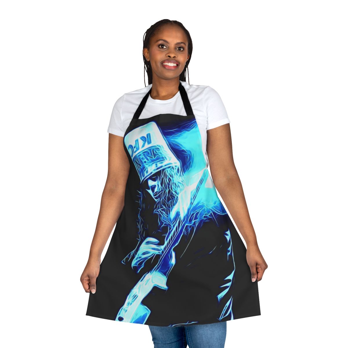 A blue and white apron featuring the iconic Buckethead electric guitar tears design.