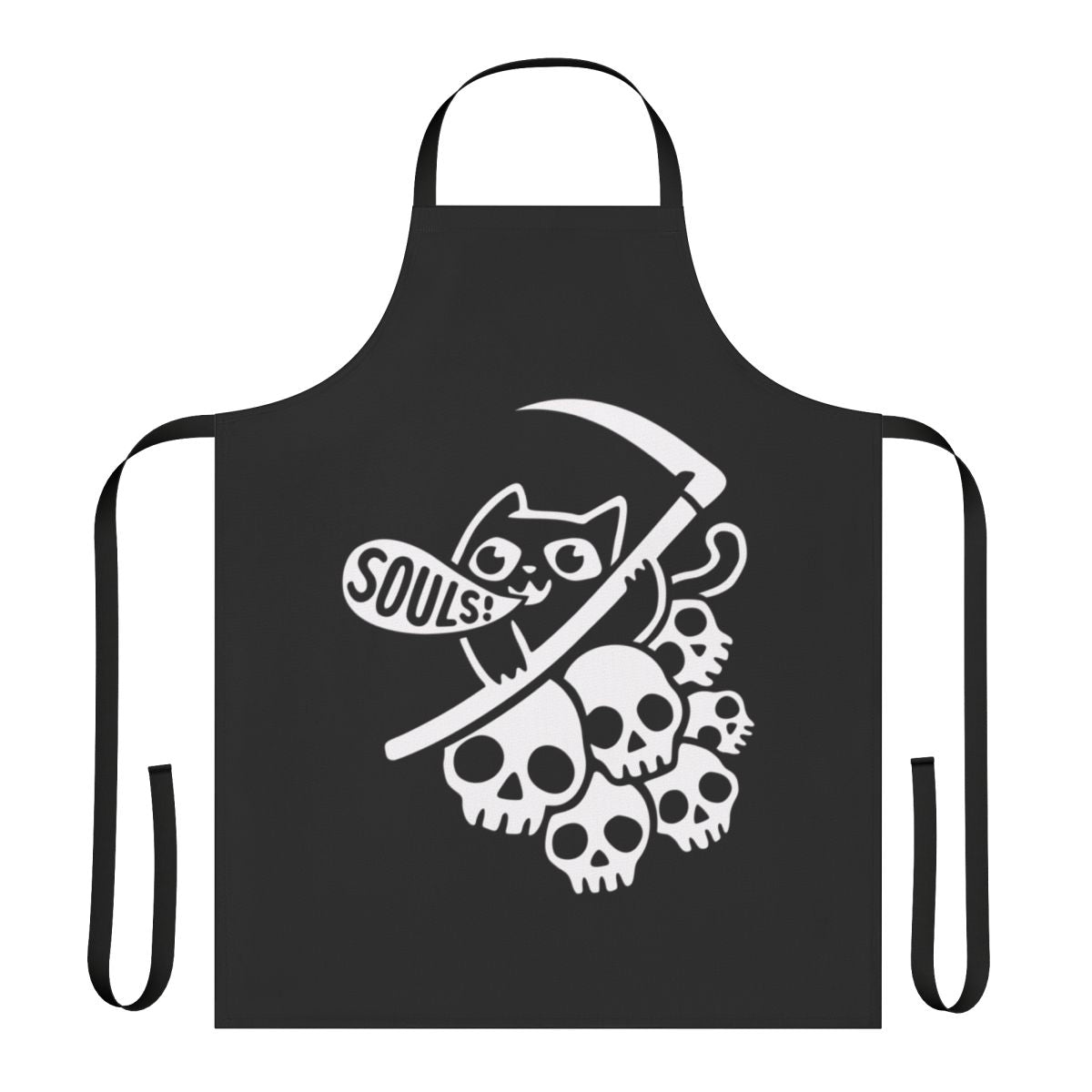 Stylish black and white apron featuring a cute cat design with a grim reaper theme