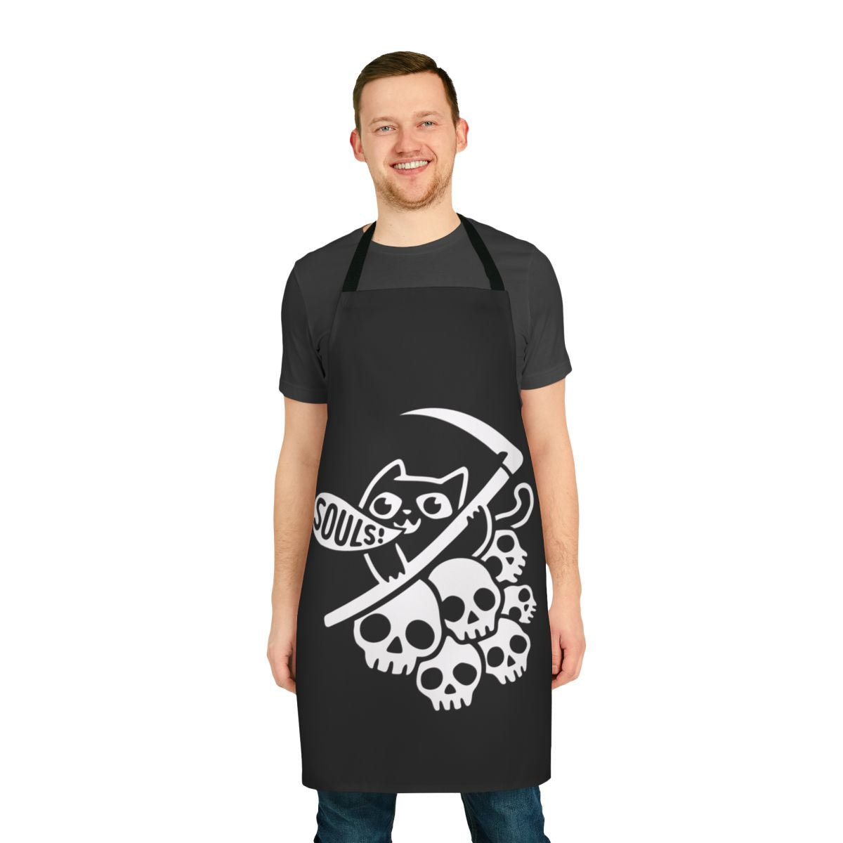 Stylish black and white apron featuring a cute cat design with a grim reaper theme