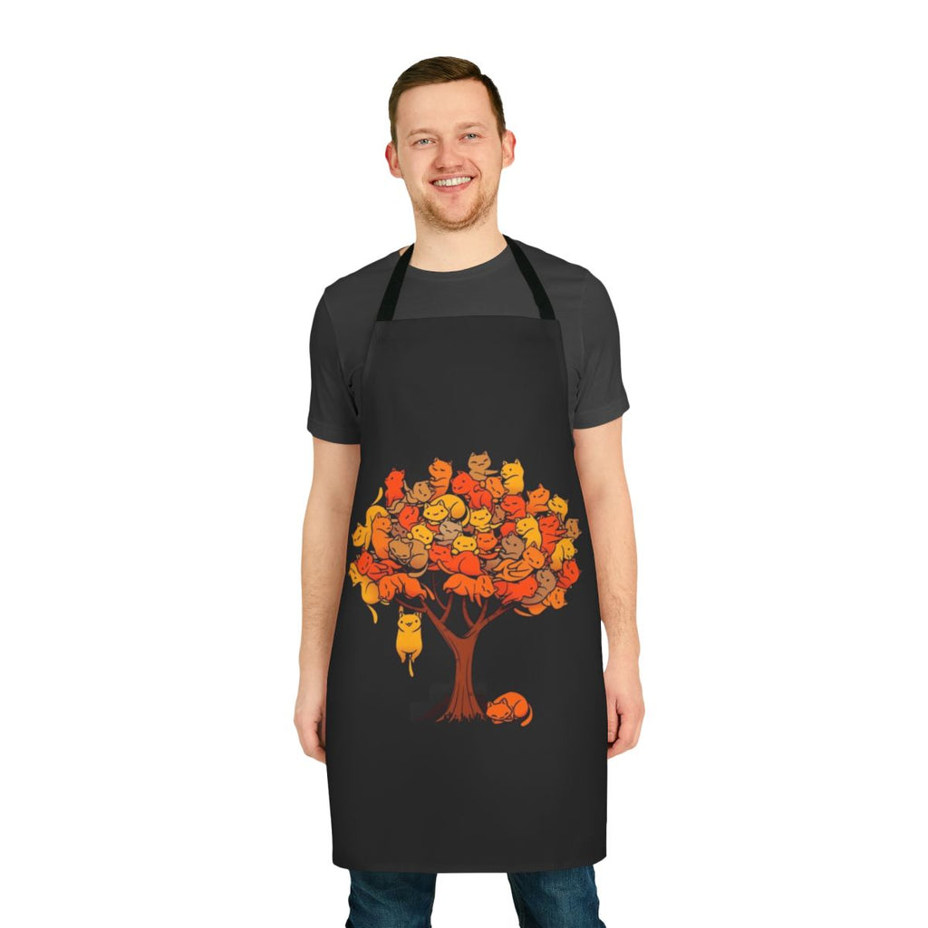 A stylish apron featuring a graphic design of a cat lounging in a tree
