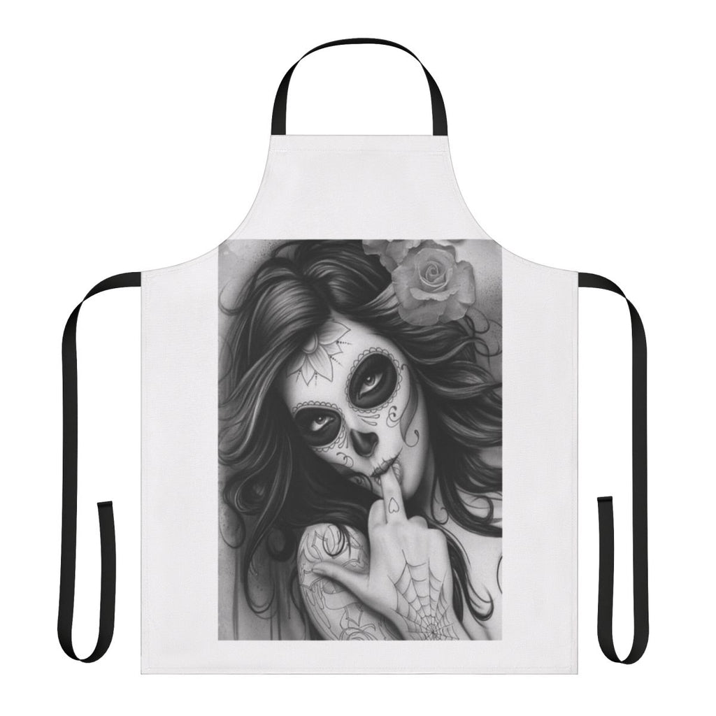 Chicano-style apron featuring a bold, tattoo-inspired design with skulls and other Mexican cultural elements